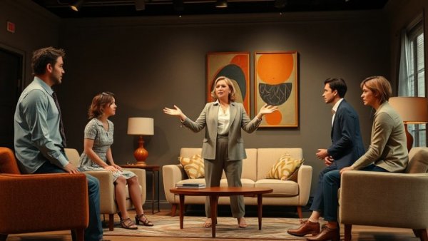 Who's Afraid of Virginia Woolf? review play scene with cast in a living room setting.