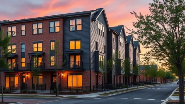 Newark townhouse development with modern exterior design at sunset.