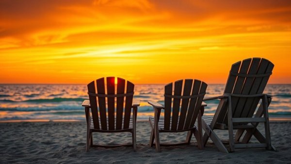 NJ beach weather and waves captured at sunset with beach chairs.
