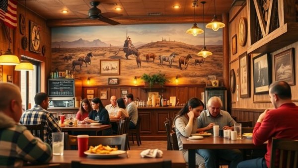 Lively NJ kid friendly restaurant with Western decor and diners.
