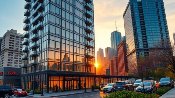 Luxury condos in Jersey City with sunset view.