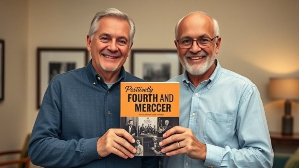 Two men with a book on music, related to New Jersey arts events.
