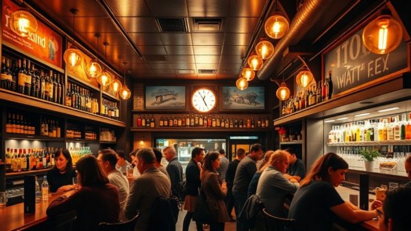 Lively Bergen County restaurant bar with patrons and stocked shelves.