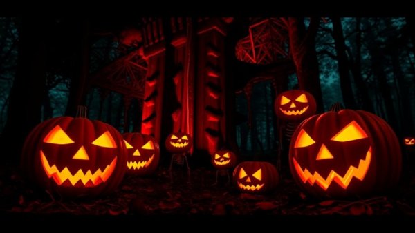 Halloween display with glowing pumpkins and skeletons among trees.
