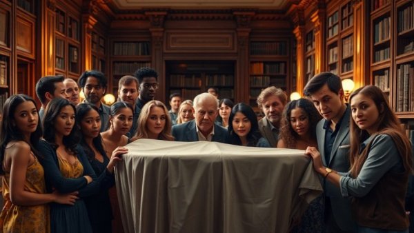 Intrigued people in a New Jersey theater, mysterious scene in a luxurious library.