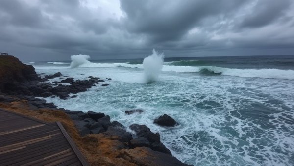 Jersey Shore storm damage recovery with waves crashing on rocks.