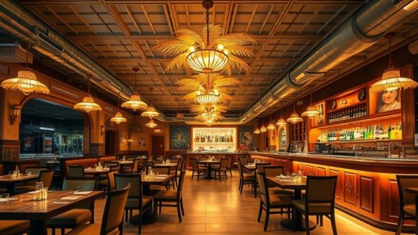 Rumba Cubana Success Story: Luxurious restaurant interior with palm chandeliers