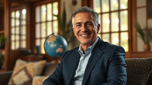 Smiling executive in office with globe, representing leadership change.