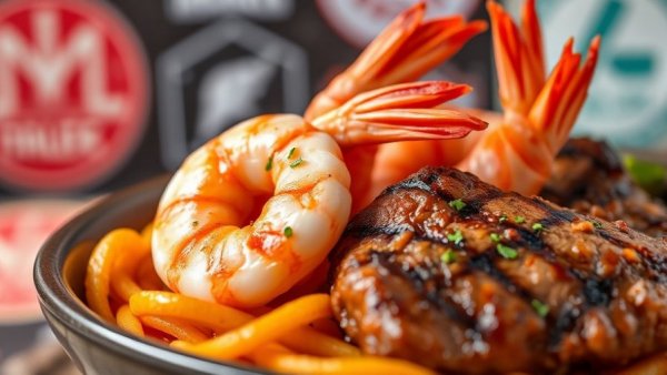 Vibrant Bergen County restaurant dish with shrimp and steak.