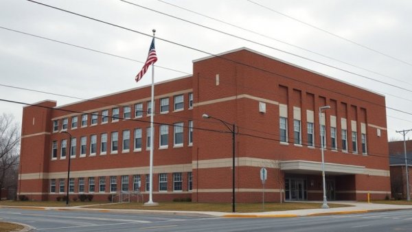 New Jersey public high school building with American flag under gray sky.