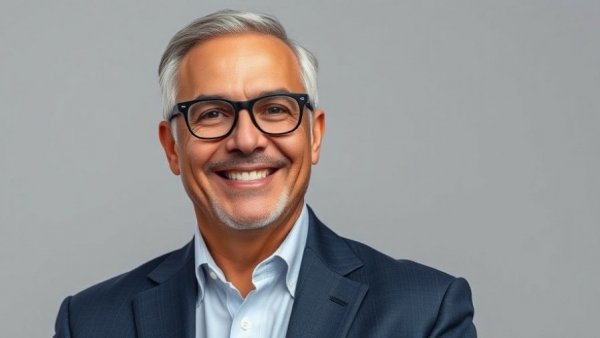 Smiling man in a suit and glasses, neutral background.