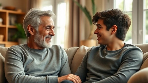New Jersey family bonding moment with father and son talking.