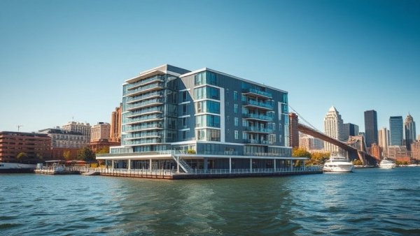 Waterfront hotel in Jersey City under sunny skies.