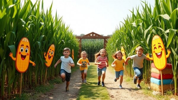 Kids enjoying New Jersey family activities at a corn maze entrance.