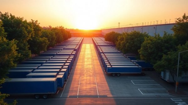Distribution warehouse in New Jersey with trailers at sunset.