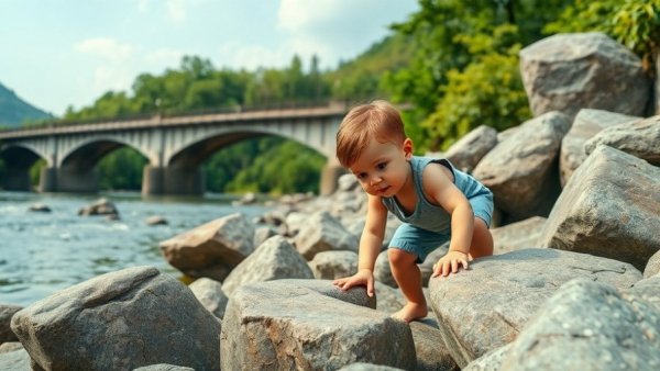 Toddler exploring river rocks near scenic bridge in Fort Lee NJ