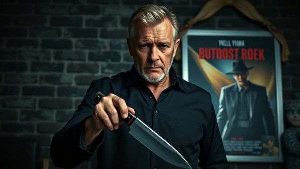 Intense man with knife in front of movie poster for David Arquette Behind The Scream