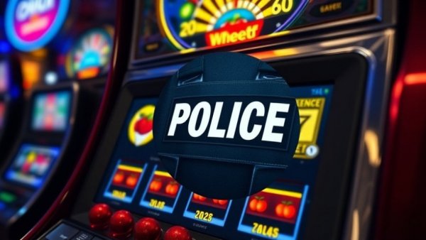 Police enforcement image overlay on slot machine exploring illegal gambling in New Jersey.