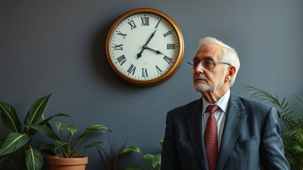 Daylight Saving Time debate, older man by wall clock, contemplative mood