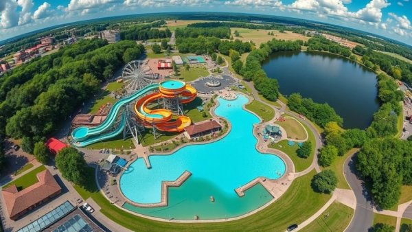 Aerial view of Clementon Park with rides and water slides, auction context.