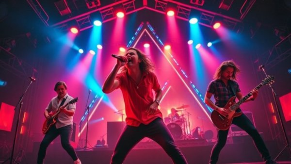 Rock band on stage with vibrant NJ concert listings lighting and crowd