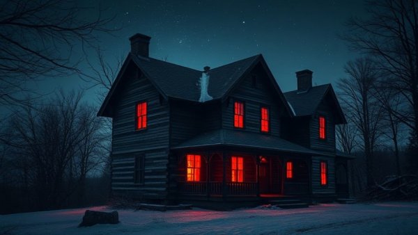 Eerie haunted house with red-lit windows under a starry sky.