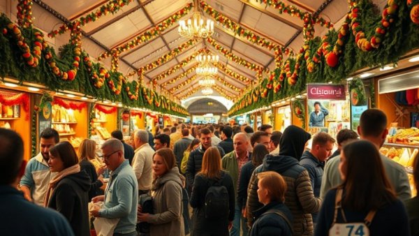 New Jersey events holiday market with festive decorations and shoppers.