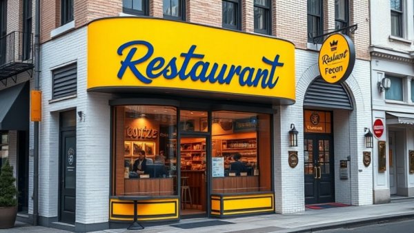 New restaurant storefront with bold yellow and blue signage in New Jersey.