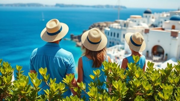 Family on guided tour admiring coastal view of Greek town