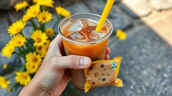 Rooted Coffee Bayville iced coffee and cookie held with flowers.