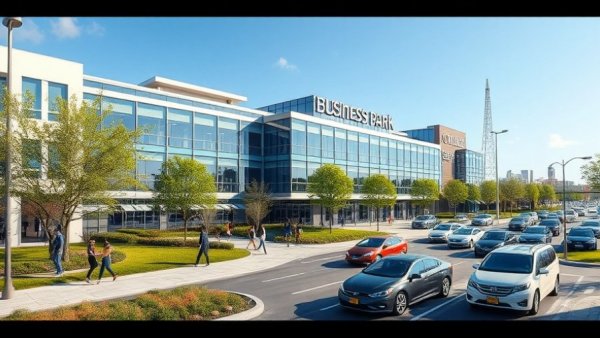 New Jersey business park with modern architecture and pedestrians