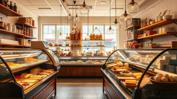Cozy New Jersey deli counter with cheeses and meats, warm lighting.