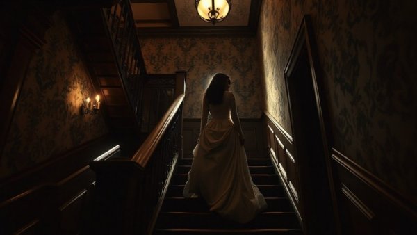 Gothic scene with ghostly figure on stairway at Cape May Halloween.