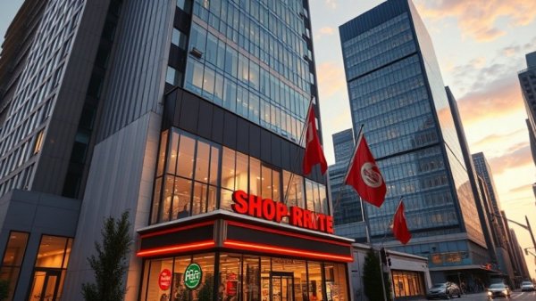 ShopRite opens in Downtown Jersey City with grand opening flags and modern facade.