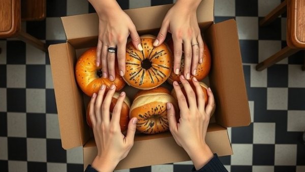 Hands reaching for bagels in a New Jersey restaurant.