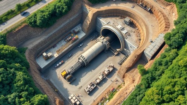 Aerial view of Hudson Tunnel Project construction site with machinery.