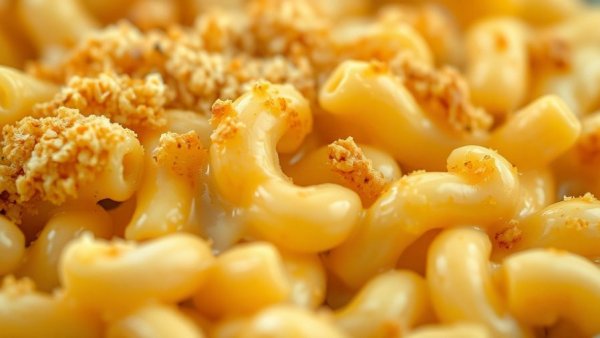 Creamy mac and cheese with breadcrumb topping close-up