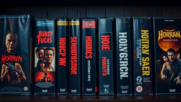 Vintage VHS tapes for Halloween movie night featuring horror titles.