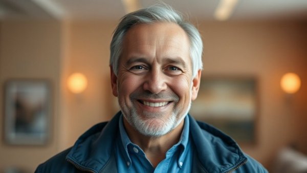 Mature man smiling in a warm indoor setting
