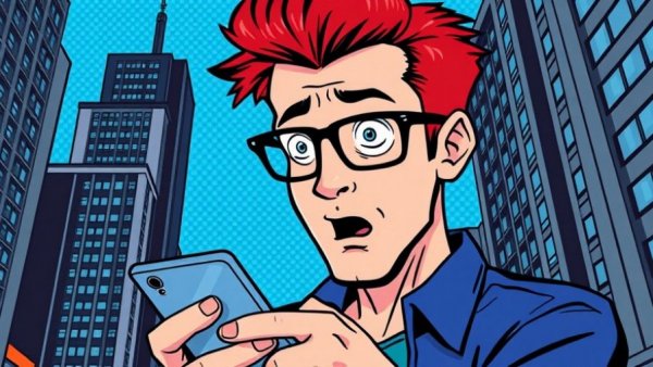 Retro comic-style man in city checking phone, New Jersey Stage.