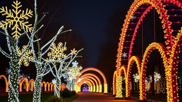 Things to do with kids NJ: Vibrant holiday light display with colorful lights.