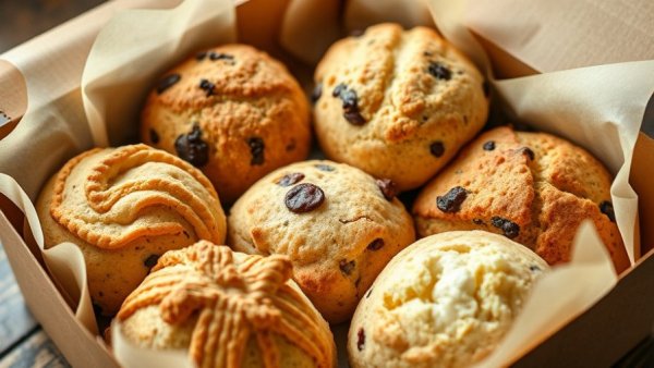 Assorted gourmet scones from Bergen County restaurants in an open box
