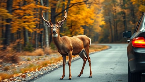 NJ Deer Crashes: Deer standing near road with approaching car.