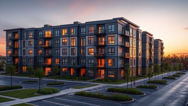 Modern affordable housing for veterans with disabilities, sunset view.
