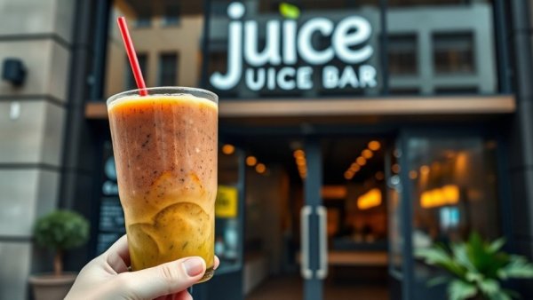 Smoothie from Bergen County juice bar, modern cafe backdrop.