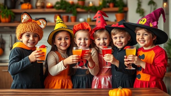 Children in Halloween costumes celebrating with eco-friendly setup emphasizing Halloween waste reduction strategies.