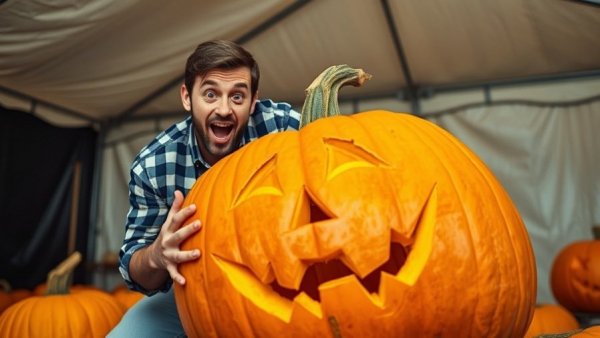 Playful man posing with carved pumpkin at Halloween event in New Jersey.