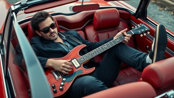 Musician with guitar in a big black car by Part Time Baby