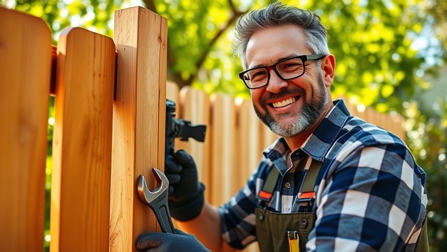 Handyman repairing a wooden fence gate in sunny Sacramento backyard.