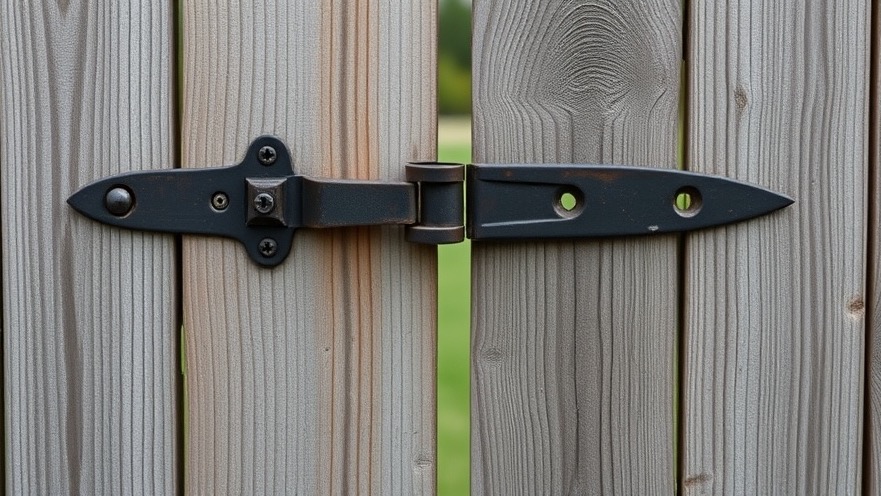 Realistic broken gate hinge on a wooden fence, showcasing wear and weathering.